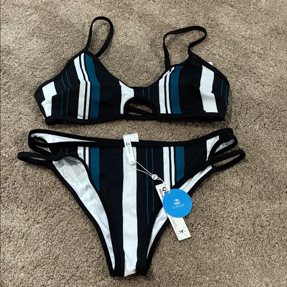Cupshe Black and Teal Striped Bikini Set